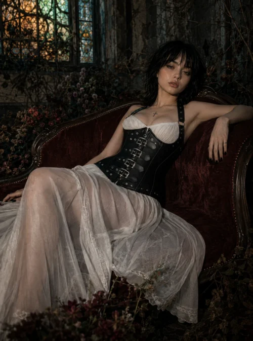 Corset Liberty cuir noir porté sur robe blanche, look gothic — Shivaleecious