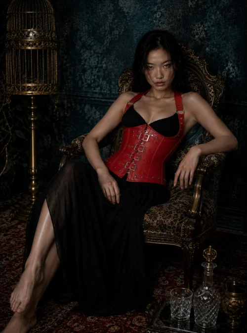 Corset underbust rouge Anarchy porté sur robe noire — Shivaleecious