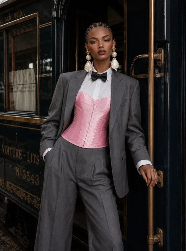 Corset satin rose porté en look élégant, photo éditoriale — Shivaleecious