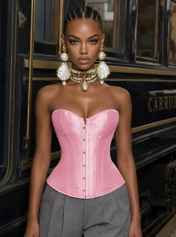 Corset satin rose bonbon overbust, vue principale — Shivaleecious