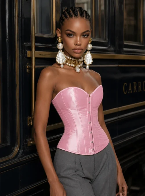 Corset satin rose porté, vue trois quarts — Shivaleecious