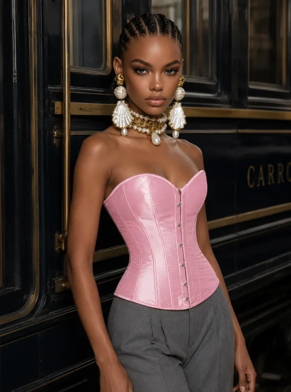 Corset satin rose porté, vue trois quarts — Shivaleecious