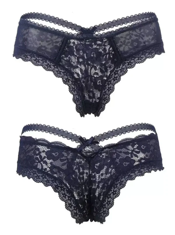 Culotte en dentelle à lanières croisées Fortuna (recto et verso, bleu marine)