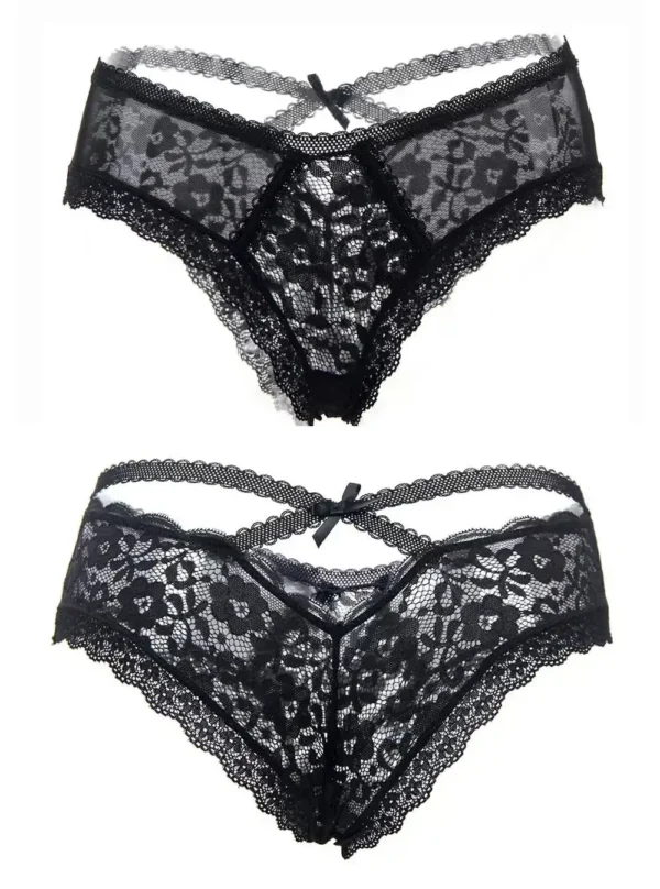 Culotte en dentelle à lanières croisées Fortuna (recto et verso, noir)
