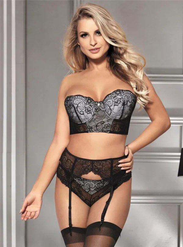 Ensemble Bustier Gris sans bretelles et porte-jarretelles Elza (3) Ensemble Gris et Porte-Jarretelles Elza