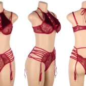 Ensemble Dentelle et Velours Rouge avec Porte-jarretelles Elna (3) Ensemble dentelle et velours rouge Elna