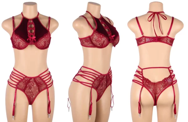 Ensemble Dentelle et Velours Rouge avec Porte-jarretelles Elna (3) Ensemble dentelle et velours rouge Elna