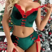 Ensemble Jarretelles Vert Velours Noël