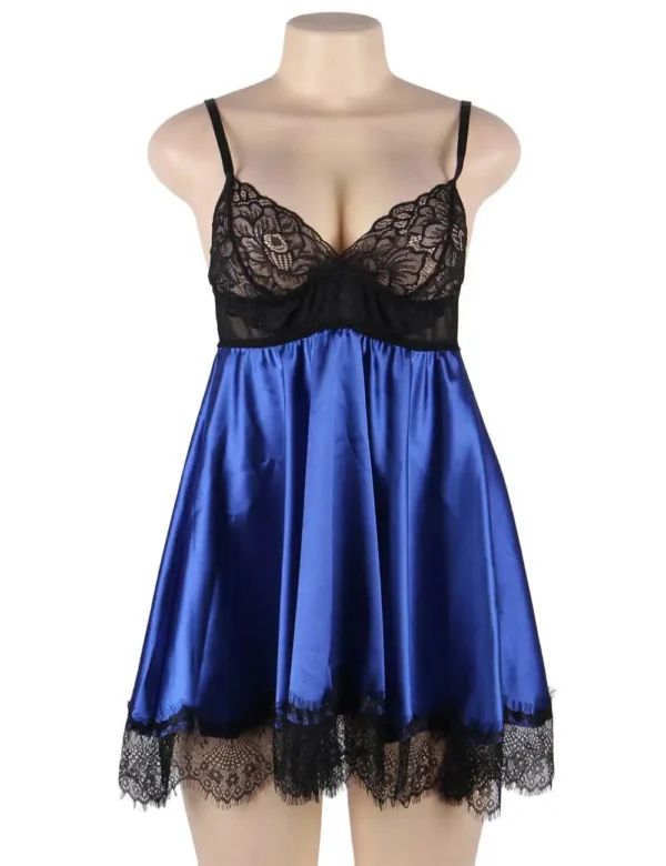 Nuisette bleue en satin et dentelle noire (7) Nuisette bleue en satin et dentelle noire