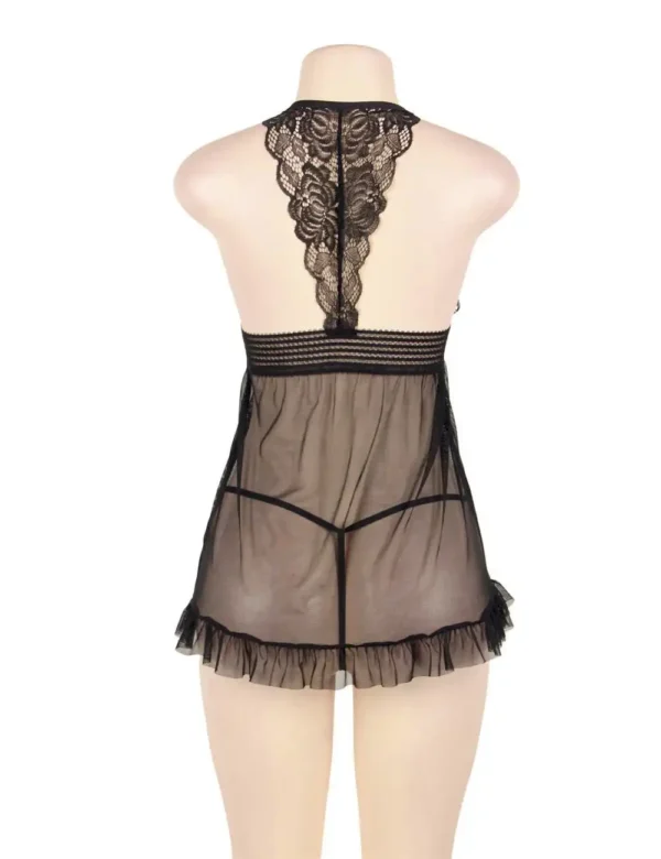 Nuisette noire transparente à dos nageur en dentelle