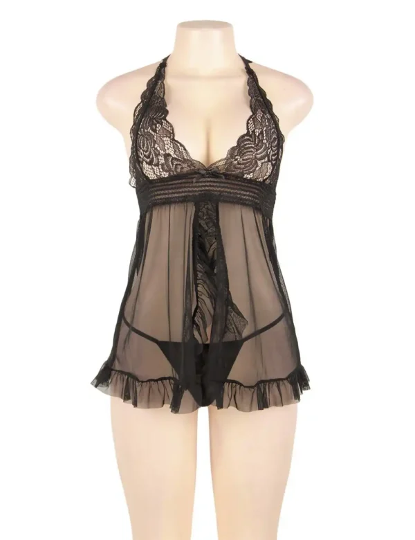 Nuisette noire transparente à dos nageur en dentelle
