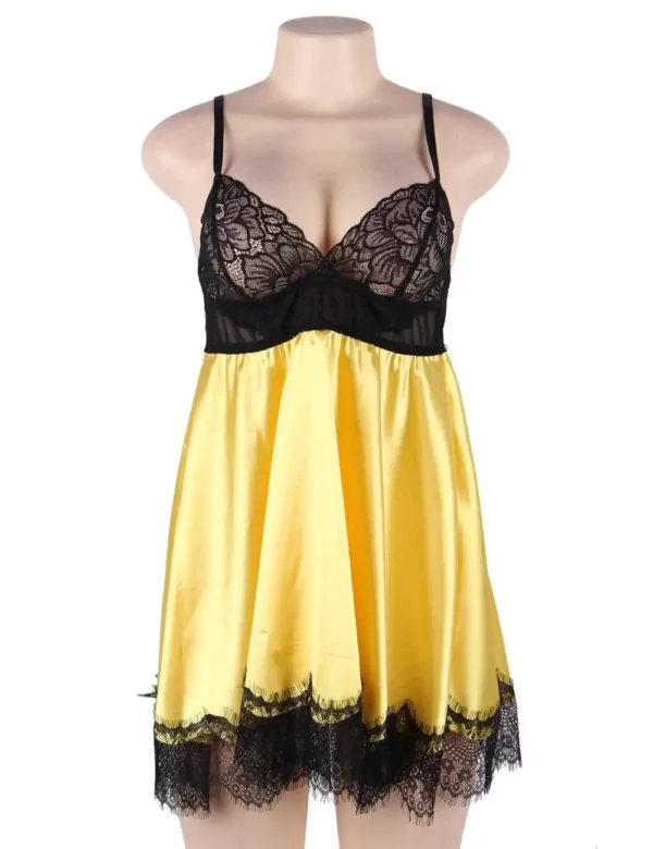 Nuisette satin jaune et dentelle noire (4) Nuisette satin jaune et dentelle noire