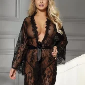 Peignoir noir grande taille en dentelle Véra