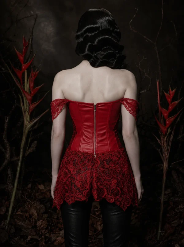 Dos bustier cuir et dentelle rouge, zip et bretelles — Shivaleecious