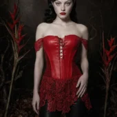 Bustier cuir dentelle rouge vue de face, bretelles off-shoulder — Shivaleecious