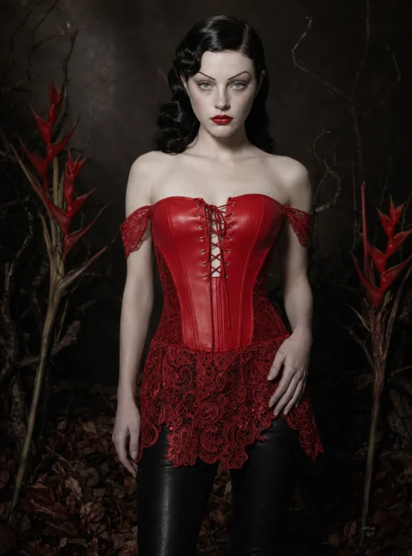 Bustier cuir dentelle rouge vue de face, bretelles off-shoulder — Shivaleecious