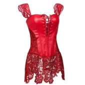 Bustier cuir rouge dentelle guipure fond blanc, face — Shivaleecious