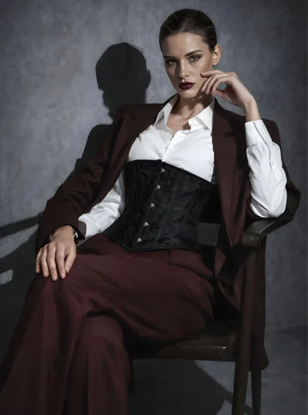 Serre-taille noir brodé porté avec veste bordeaux et chemise blanche, mannequin assise