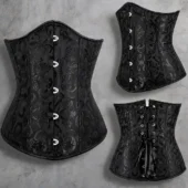 Serre-taille noir brodé, vues face, trois-quarts et dos sur fond béton, détail buscs acier et laçage arrière