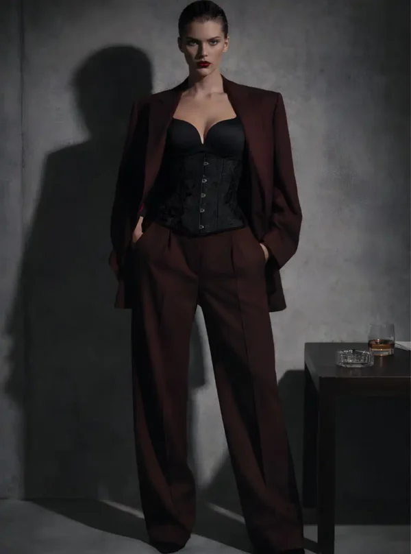 Serre-taille noir brodé porté avec blazer bordeaux oversize, verre de whisky et cendrier en arrière-plan