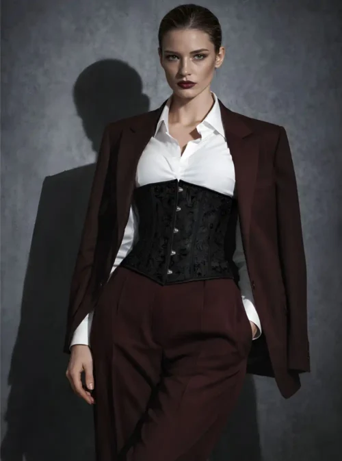 Serre-taille noir brodé porté sur chemise blanche et pantalon bordeaux, vue de face