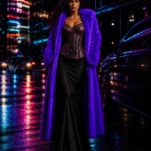 Corset patchwork Freya sous manteau violet, look Instinct Magnétique — Shivaleecious