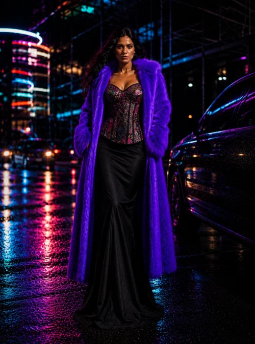 Corset patchwork Freya sous manteau violet, look Instinct Magnétique — Shivaleecious