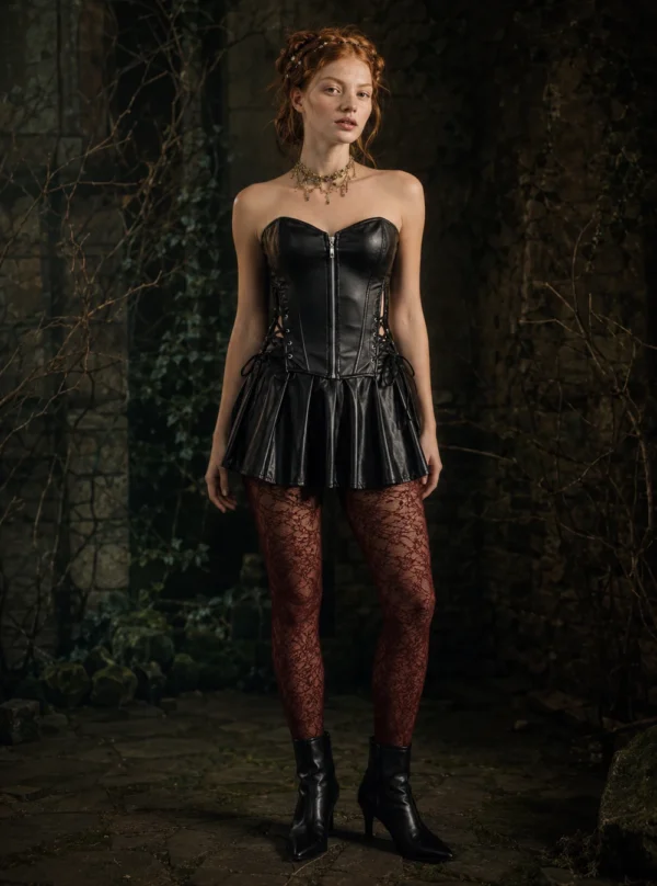 Ensemble Lénora corset et jupe cuir noir, vue de face — Shivaleecious