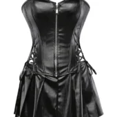 Corset cuir noir Lénora zip avant et laçages latéraux, fond blanc — Shivaleecious