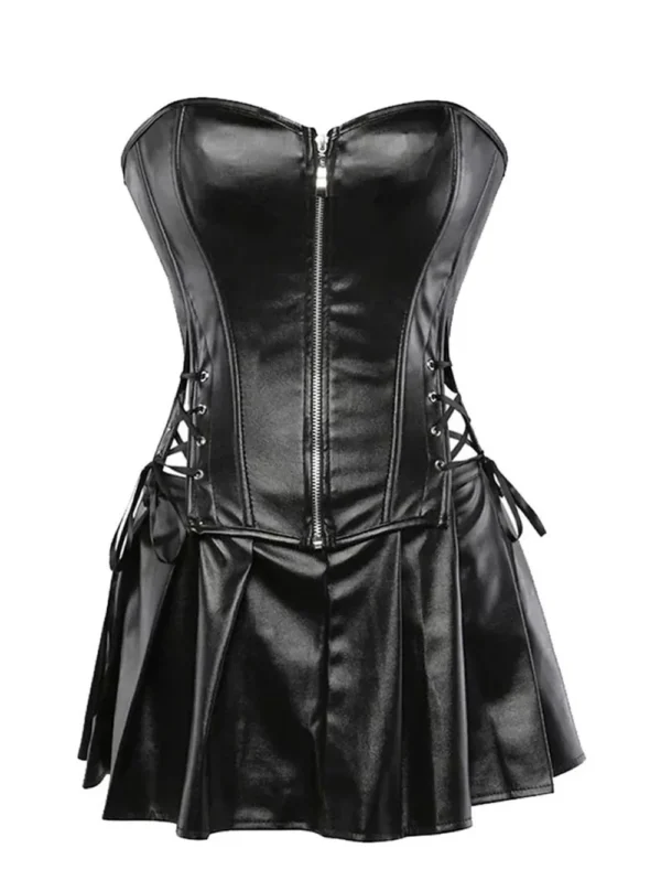 Corset cuir noir Lénora zip avant et laçages latéraux, fond blanc — Shivaleecious