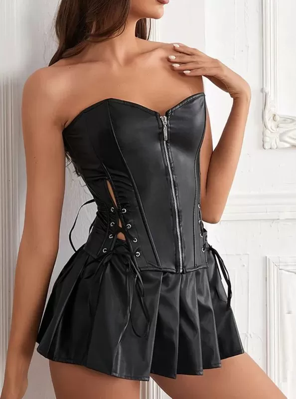 Corset et Jupe en Cuir Noir Lénora (vue profil)