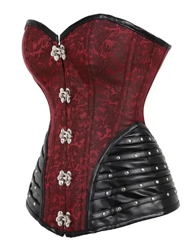 Corset punk rock rouge et cuir clouté Dreamcatcher (vue profil) Corset punk rock rouge et cuir clouté Dreamcatcher (vue profil)