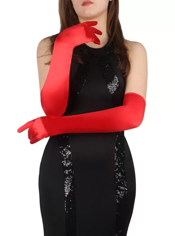 Gants longs rouge en satin (3)