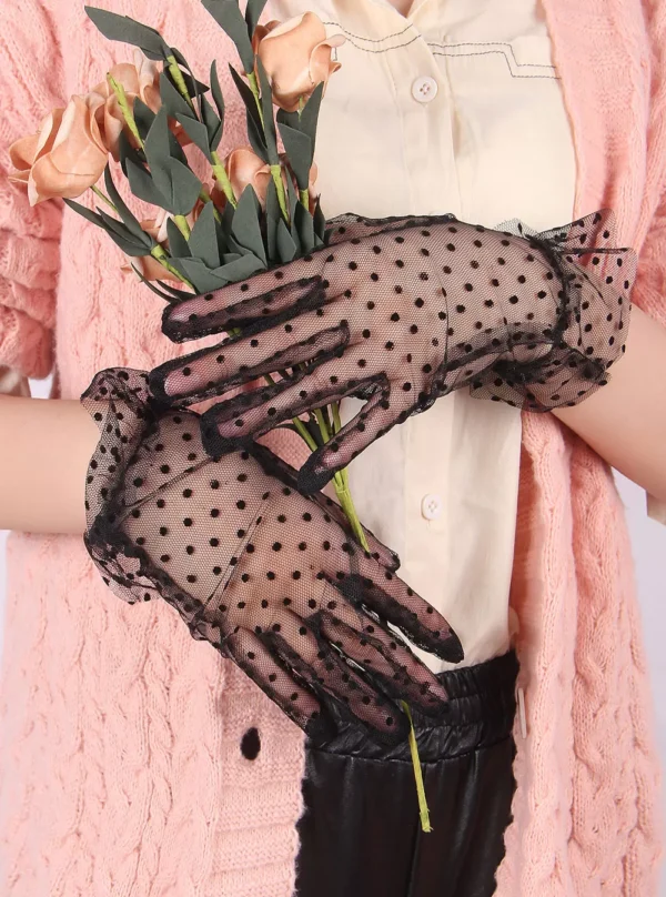 Gants transparents noirs à pois en résille (3)