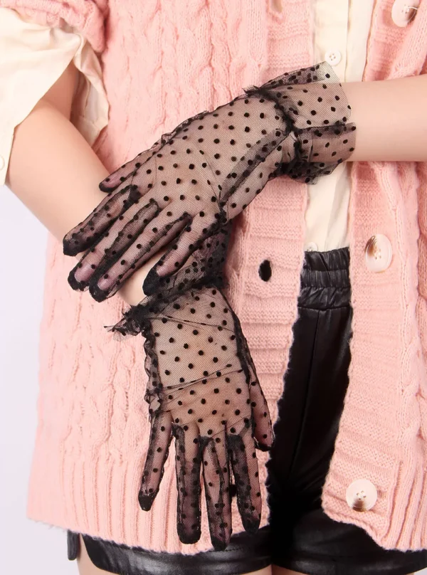 Gants transparents noirs à pois en résille (4)