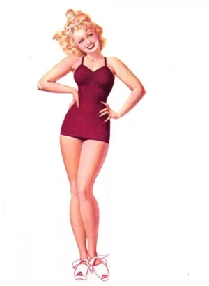 Femme blonde en maillot de bain rouge dessin vintage