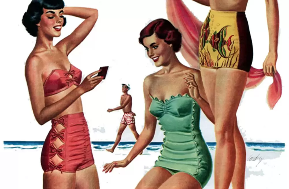 Dessin années 50 représentant un trio de femmes en maillot sur la plage