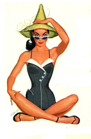 Femme en maillot de bain dessin pub vintage