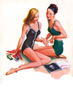Deux femmes en maillot de bain dessin vintage pub