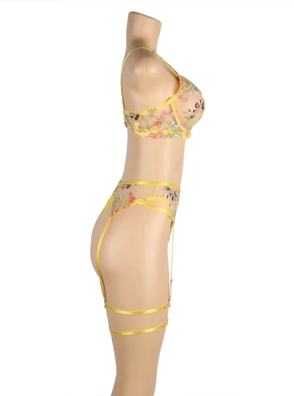 Ensemble transparent jaune à fleurs avec porte-jarretelles Summer (mannequin profil)