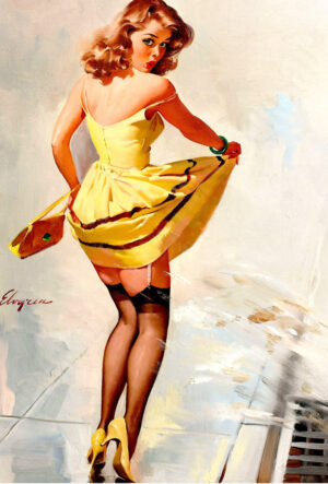 pin up rétro en robe et talon jaune avec bas couture noirs