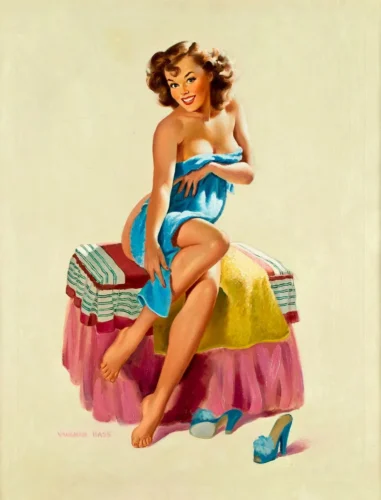pin up rétro rousse dans une serviette de bain bleue