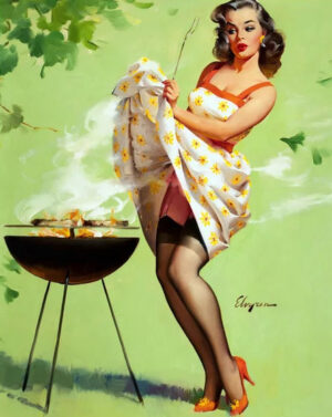 pin up rétro en robe et bas devant un barbecue