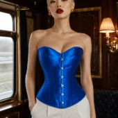 Corset en satin bleu overbust Ondine, vue principale — Shivaleecious