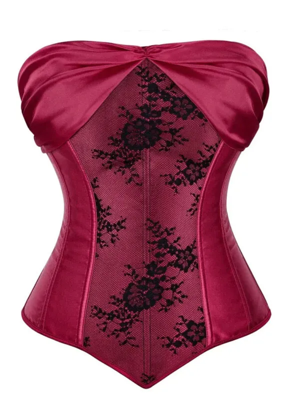 Corset bustier satin rouge et dentelle noire Lie de Vin