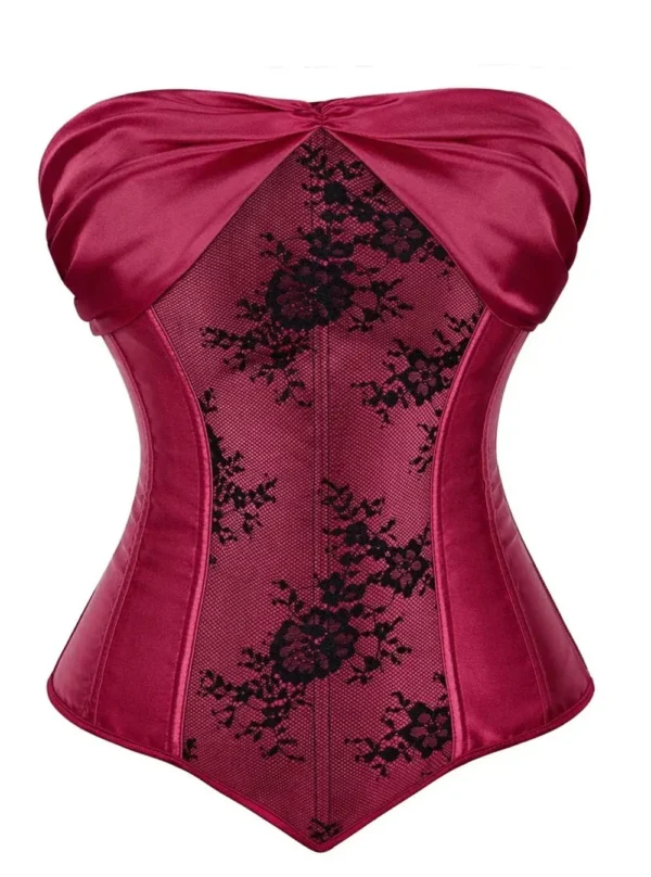 Corset bustier satin rouge et dentelle noire Lie de Vin