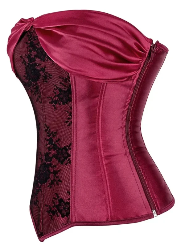 Corset bustier satin rouge et dentelle noire Lie de Vin (profil)