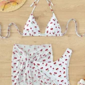 Bikini string blanc imprimé cerises Cherry Bomb (avant avec paréo) Bikini string blanc imprimé cerises Cherry Bomb (avant avec paréo)