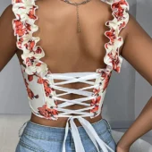 Bustier Laurie blanc à fleurs orange, vue de dos ajustable pour un look personnalisé.