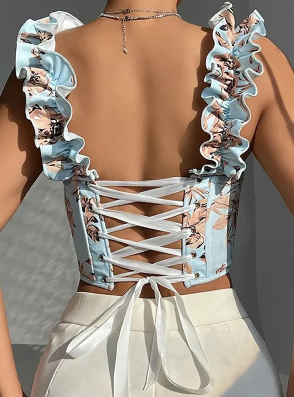 Bustier Laurie bleu clair, vue de dos avec laçage corset et finitions ajustables.